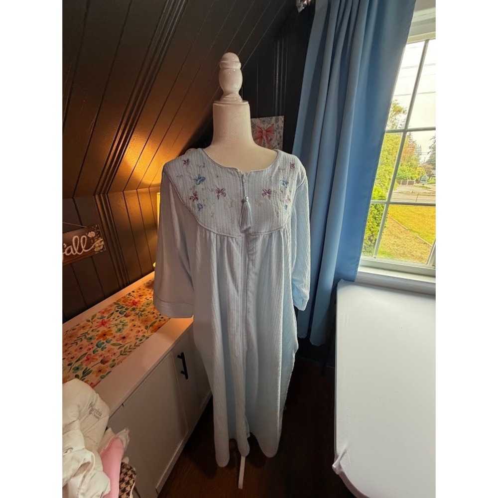Casual Night Blue Ribbed Zip Front Robe Floral Embroidered Tassel XL 7832N